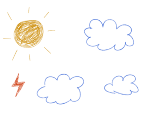 Hand drawn weather symbols sun clouds lightning on transparent background