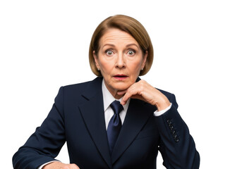 Confused businesswoman in suit with surprised expression looking at camera stock photo image, png, isolated on transparent background
