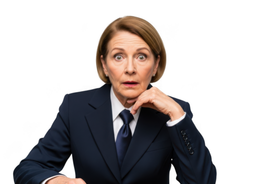 Confused businesswoman in suit with surprised expression looking at camera stock photo image, png, isolated on transparent background