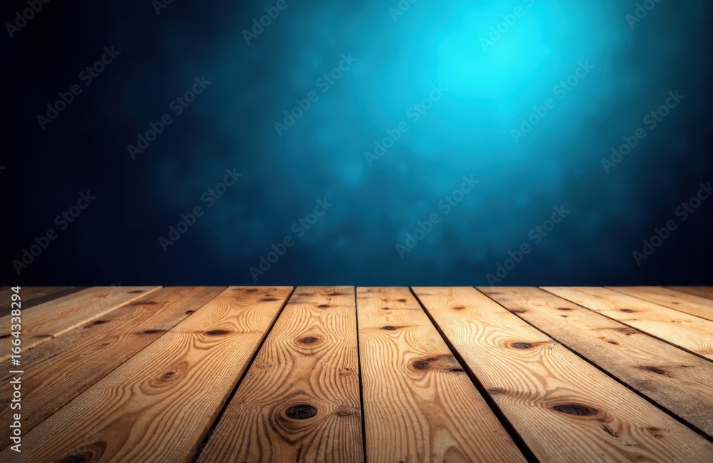 Poster empty wooden floor with a textured blue background creating a sense of space and depth