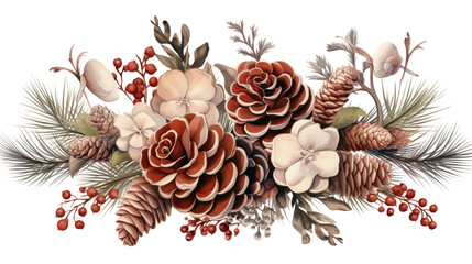 Elegant floral arrangement with pinecones on white background