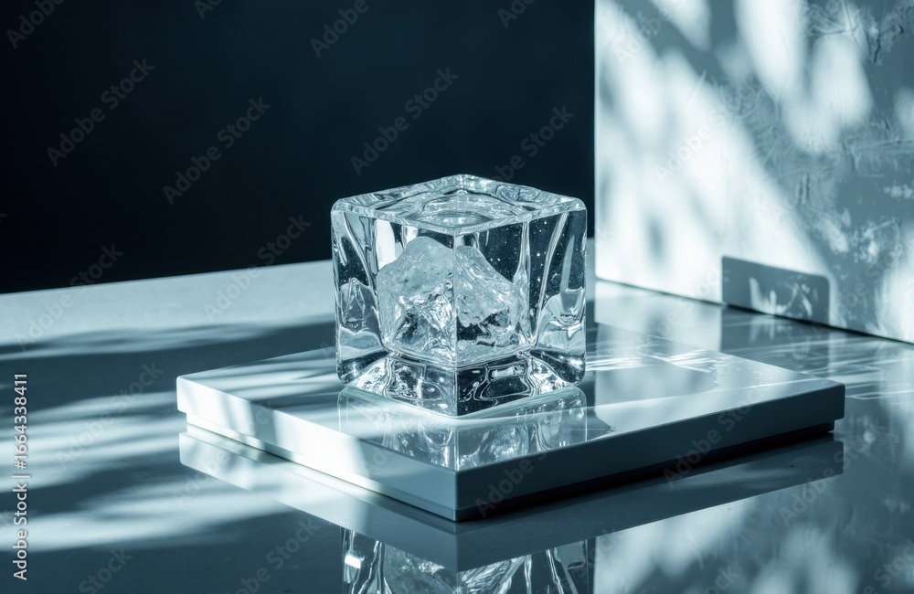 Poster a clear glass cube sculpture placed on a reflective surface with natural light creating shadows and 