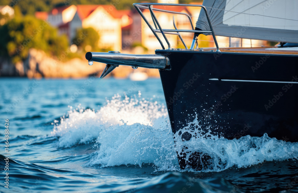 Poster a boat moving through water creating splashes and waves in a scenic harbor setting