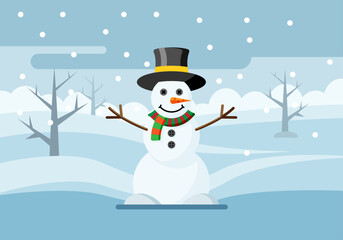 Muleco de nieve con sombrero en paisaje nevado