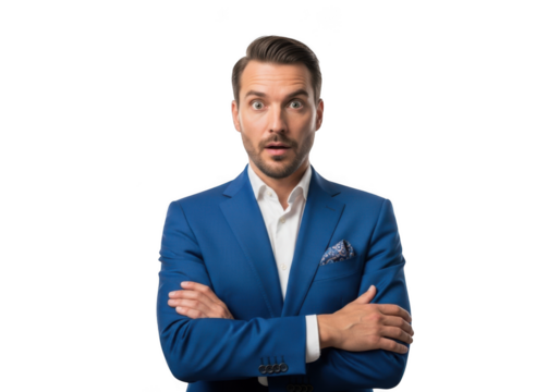 Surprised businessman in blue suit with arms crossed, shocked expression, portrait, isolated stock photo, png isolated on transparent background - Powered by Adobe