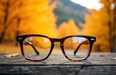 Eyeglasses with tortoiseshell frames resting on a wooden surface in front of vibrant autumn trees