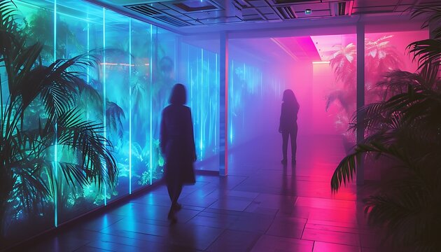 Two women walk through a neon-lit hallway, surrounded by tropical plants and atmospheric haze.