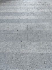 Paved stone walkway with rectangular gray stones arranged pattern, showing slight variations texture and color, creating clean and orderly surface