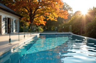 A swimming pool with clear blue water reflecting sunlight and surrounded by autumn trees with colorful leaves