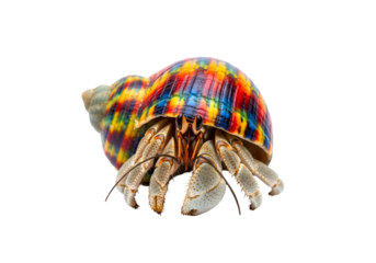 Vibrant colorful hermit crab in a multicolored seashell, showcasing intricate detail against a black background.