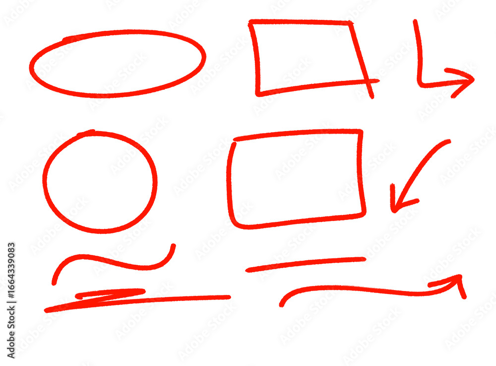Poster delineated red shapes and direction pointers, sketched style on transparent background