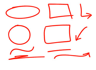 Delineated red shapes and direction pointers, sketched style on transparent background