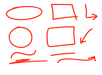 Delineated red shapes and direction pointers, sketched style on transparent background