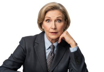 Shocked businesswoman with hand on chin looking surprised portrait photography stock photo isolated on transparent background