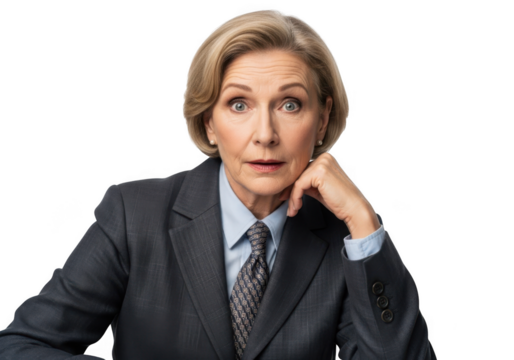 Shocked businesswoman with hand on chin looking surprised portrait photography stock photo isolated on transparent background