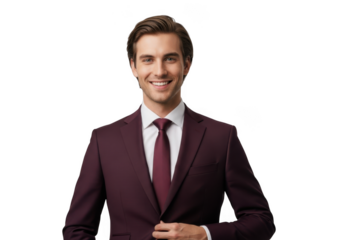 Professional smiling businessman in burgundy suit posing for headshot portrait stock photo image, isolated on transparent background