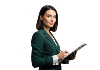 Professional businesswoman writing on clipboard in green suit portrait, corporate executive, isolated on transparent background