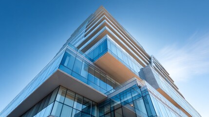 Modern high rise apartment building features sleek design and expansive glass balconies under a clear blue sky
