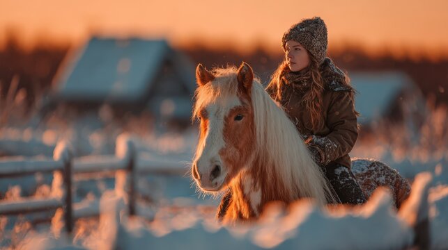 Young girl riding a horse in a snowy landscape during sunset in a rural setting - Powered by Adobe