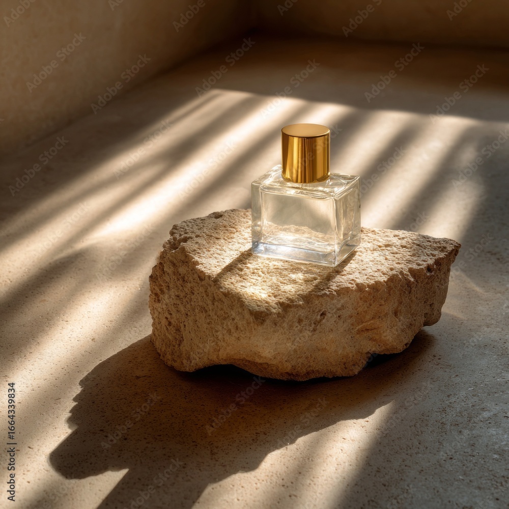 Poster minimal glass dropper bottle placed on a textured stone surface with soft shadows in a serene interi