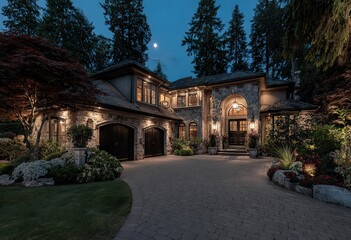 Fototapeta premium Luxury Stone House Exterior At Night