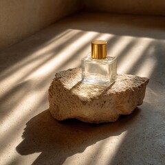 Minimal glass dropper bottle placed on a textured stone surface with soft shadows in a serene interior setting