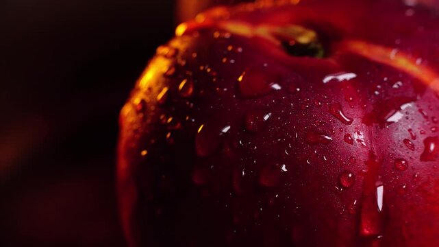 Extreme close up  drops of water falling on and flowing down  from a red nectarine on a dark background slow motion 200 fps