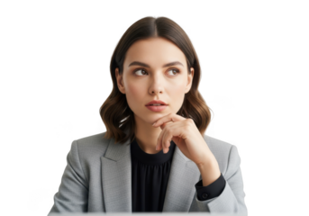 Thoughtful businesswoman looking upward with hand on chin, pensive expression, gray suit, isolated on transparent background