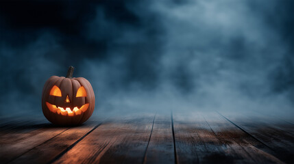Spooky Glowing Jack-o'-Lantern: A carved jack-o'-lantern with an eerie, flickering glow sits on a rustic wooden surface, set against a dark and foggy night sky.