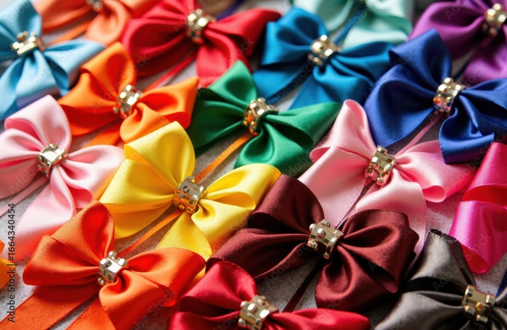 Poster colorful satin bows arranged in a pattern with shiny embellishments creating a festive and decorativ