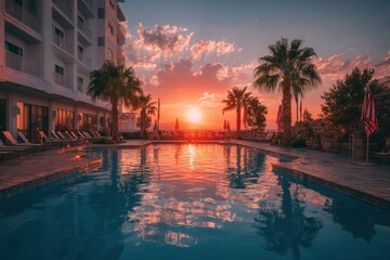 Vibrant sunset reflecting on pool water next to palm trees and resort buildings during evening hours