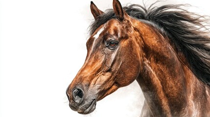 Majestic brown horse with flowing mane against a light background, showcasing its beauty and grace