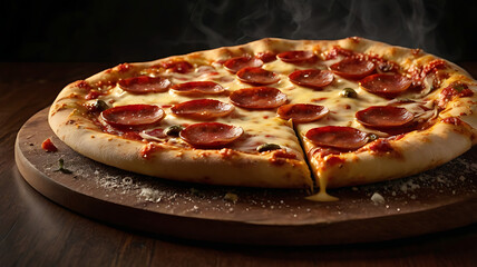 The pizza is positioned centrally, slightly & verities side view tilted to showcase its toppings and melted cheese.