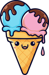 A cute and playful pixel-art illustration of an ice cream cone. The cone has a happy face with shiny eyes and a wide smile. It holds two scoops of ice cream, one pink and one light blue, both drizzled
