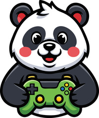 A cute, pixel-art style illustration of a panda bear holding a green video game controller. The panda has the classic black and white markings, rosy cheeks, and a happy expression.