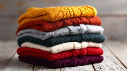 Neatly folded colorful knitted sweaters arranged on a rustic wooden table in warm autumn tones