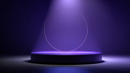 Purple spotlight shines on a round platform with a golden circle backdrop
