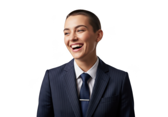 Smiling businesswoman in suit laughing portrait cutout, professional headshot, isolated on transparent background