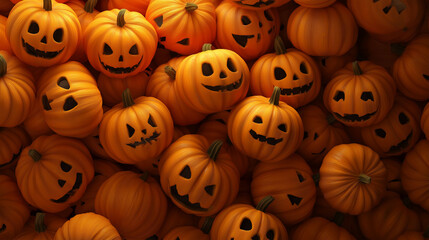 Festive Pumpkin Patch: A vibrant array of carved pumpkins, each adorned with a unique, grinning face, creating a festive and playful atmosphere perfect for Halloween celebration.