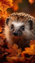 Fototapeta premium Hedgehog surrounded by vibrant autumn leaves in a natural woodland setting during early morning