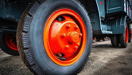 Vintage Truck Wheel Detail With Rusty Tire And Orange Rim