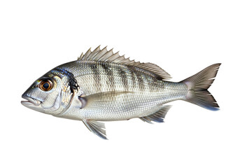 A side view of a silvery gray fish with intricate markings against a pure black background.