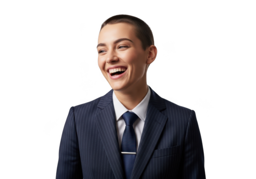 Smiling businesswoman in suit laughing portrait cutout, professional headshot, isolated on transparent background