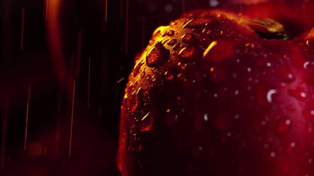 Extreme close up  drops of water falling on and flowing down  from a red nectarine on a dark background slow motion 200 fps