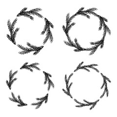Obraz premium Set of hand drawn Christmas decoration border with spruce branches. Wreath doodle. Christmas, winter and New Year design element