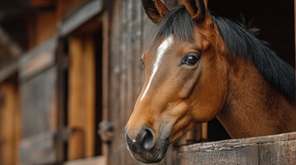 Fototapeta premium Close-up view of a brown horse looking out from its stable in a rustic barn during late afternoon