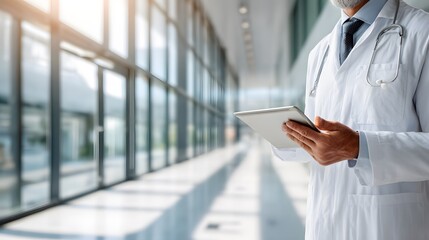 A doctor in a white coat holding a tablet in a modern hospital hallway with large windows and sunlight