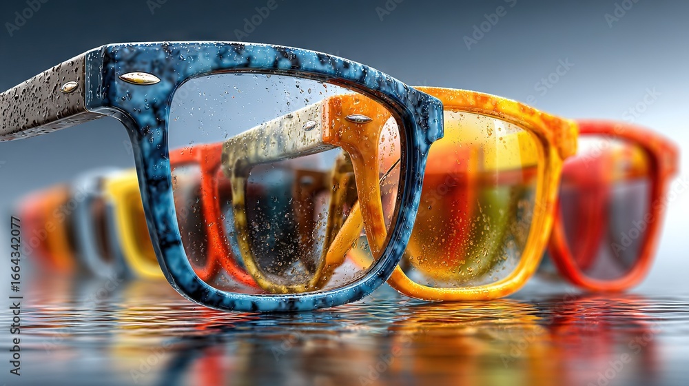 Poster a line of distinct-colored spectacles resting atop a shiny plate with droplets of water cascading be