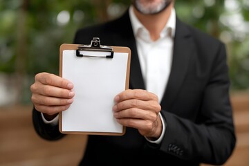 A man is holding a clipboard with a white piece of paper on it