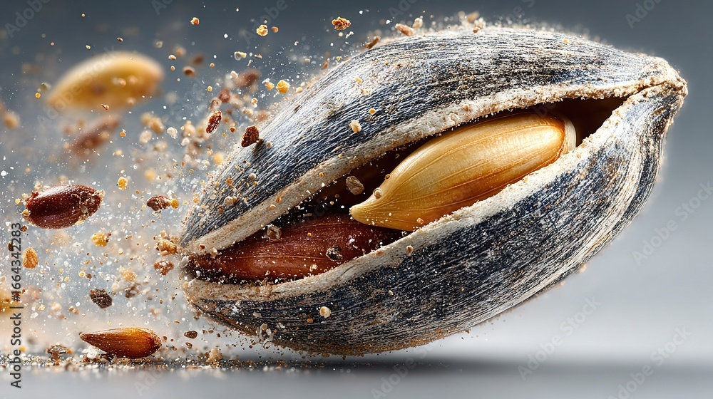 Poster a close-up photo of a nut with nuts emerging from its shell and seeds exuding from the same